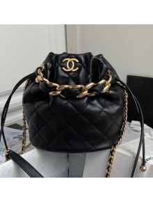 Chanel Shiny Lambskin Large Drawstring Bucket Bag AS2425 Black 2021