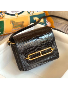 Hermes Sac Roulis 18cm Bag in Crocodile Embossed Calf Leather Black/Gold 2019