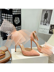 Jimmy Choo Suede High Heel Pumps 10cm with Large Mesh Bow Peach Pink 2022