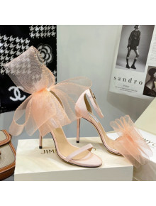 Jimmy Choo Fabric High Heel Sandals 10cm with Large Mesh Bow Light Pink 2022