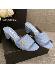 Chanel Quilted Lambskin Heel Slide Sandals 6cm G38820 Light Blue 2022