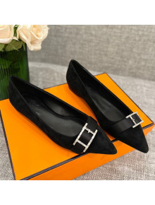 Hermes Suede H Buckle Flat Ballet Black 2022 032894