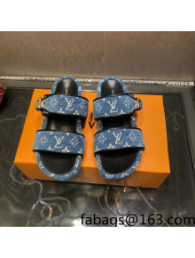 Louis Vuitton Bom Dia Monogram Velvet Flatform Slide Sandals Denim Blue 2021 77