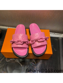 Louis Vuitton LV Sunset Monogram Leather Flat Comfort Slide Sandals with Resin Chain Pink 2021