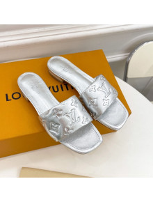 Louis Vuitton Revival Flat Slide Sandals in Monogram Embossed Lambskin Silver 2022 