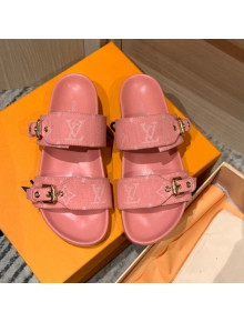 Louis Vuitton Bom Dia Monogram Denim and Leather Flat Slide Sandals Pink 2022