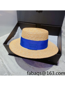 Prada Straw Wide Brim Hat Beige/Blue 2022 040119