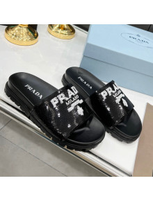 Prada Sequins Flat Slide Sandals Black 2022 032387