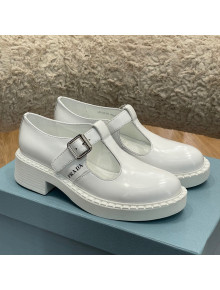 Prada Brushed-Leather Mary Jane T-strap Shoes/Loafers White 2022