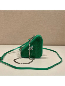  Prada Triangle Crystal Embellished Satin and Leather Mini Pouch 1NR015 Emerald Green 2023