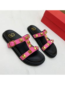 Valentino Roman Stud Calf Leather Flat Slide Sandals Pink 2022 0323142