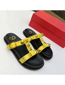 Valentino Roman Stud Calf Leather Flat Slide Sandals Yellow 2022 0323144