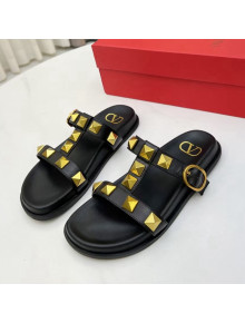 Valentino Roman Stud Calf Leather Flat Slide Sandals Black 2022 0323146