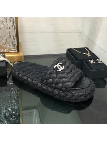 Chanel Cord Braided Flat Slide Sandals Black 2022 030762