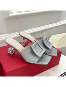 Roger Vivier Glitter Cube Crystal Medium Heel Slide Sandals 7cm Silver 2022