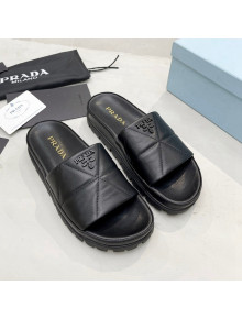 Prada Calf Leather Flat Slide Sandals Black 2022 032879