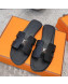 Hermes Oran One Stud H Flat Slide Sandals in Smooth Leather Black/Silver 2021 