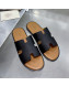 Hermes Men's Izmir Palm-Grained Leather Flat Slide Sandals Black/Brown 2021 35