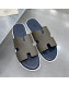 Hermes Men's Izmir Palm-Grained Leather Flat Slide Sandals Grey/Dark Blue 2021 38